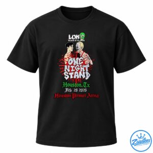 Loki Wrestling graphic with two illustrated wrestlers, One Night Stand lettering, red splashes, and Houston event details.