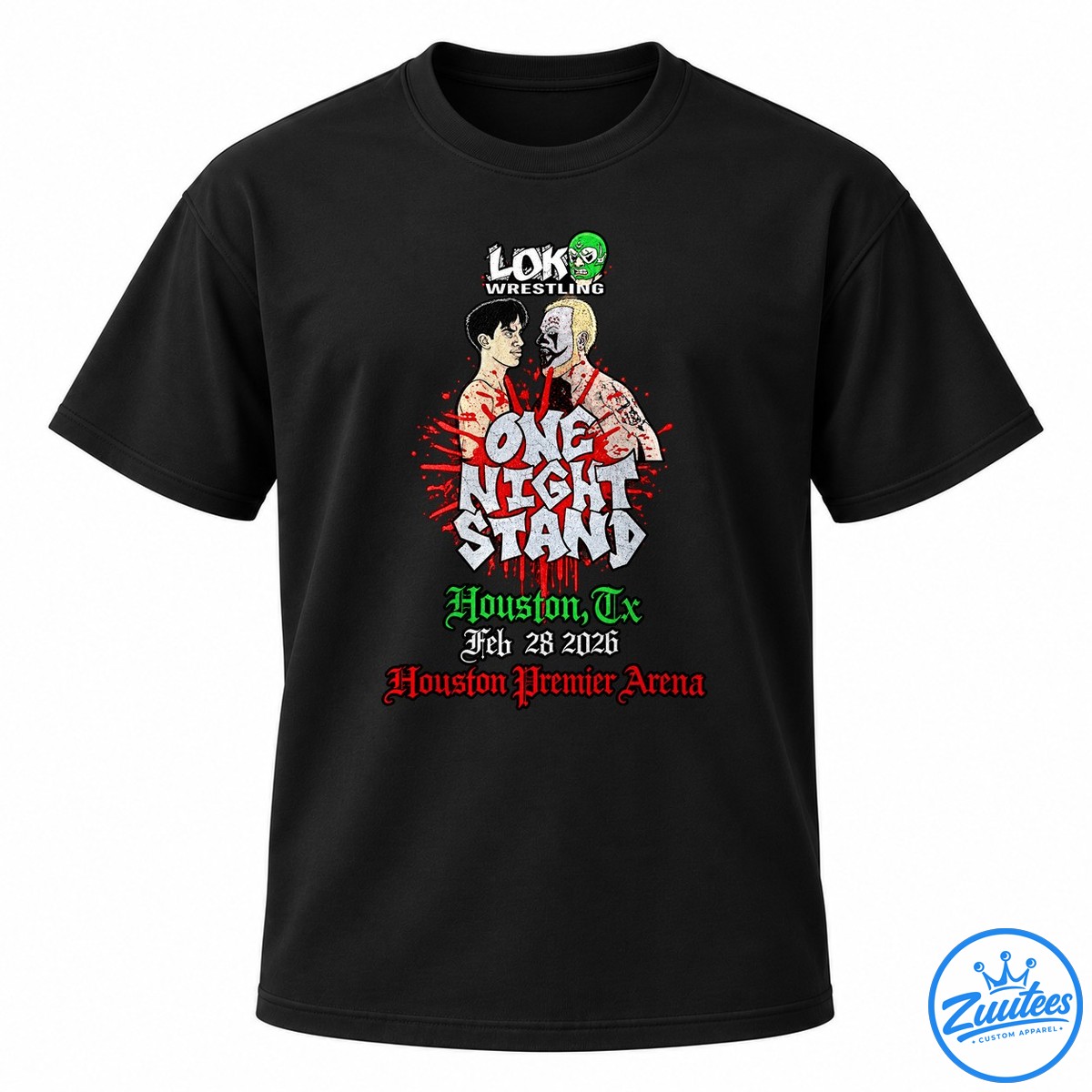 Loki Wrestling Houston Premier Arena Artwork Graphic Shirt Loki Wrestling graphic with two illustrated wrestlers, One Night Stand lettering, red splashes, and Houston event details.