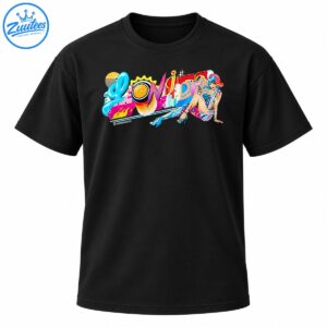 Lonida neon pop art shirt design with colorful lettering, orange slice, futuristic cityscape, and blue-haired illustrated woman
