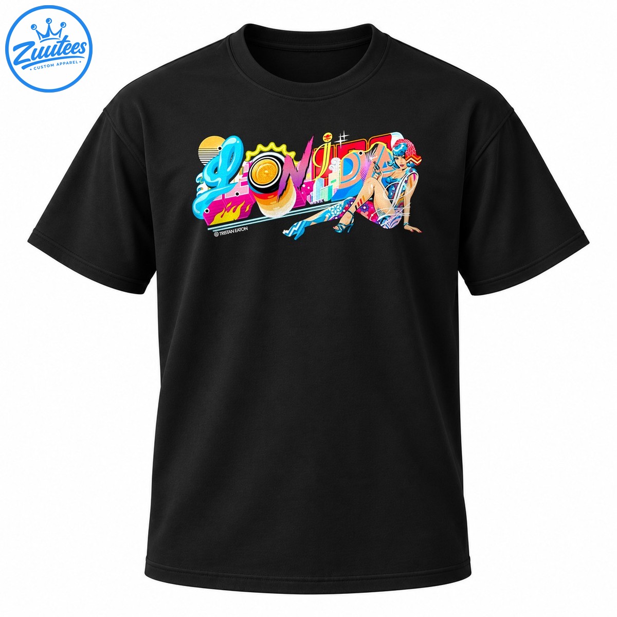 Lonida neon pop art shirt design with colorful lettering, orange slice, futuristic cityscape, and blue haired illustrated woman Lonida neon pop art shirt design with colorful lettering, orange slice, futuristic cityscape, and blue-haired illustrated woman