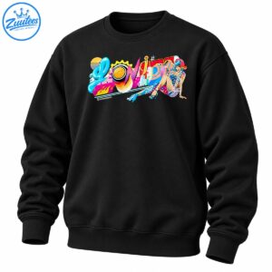 Lonida neon pop art shirt design with colorful lettering, orange slice, futuristic cityscape, and blue-haired illustrated woman