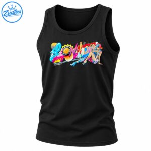 Lonida neon pop art shirt design with colorful lettering, orange slice, futuristic cityscape, and blue-haired illustrated woman