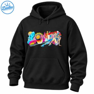 Lonida neon pop art shirt design with colorful lettering, orange slice, futuristic cityscape, and blue-haired illustrated woman