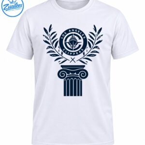 Navy Los Angeles Clippers circular emblem with laurel branches and an ornate classical column graphic.