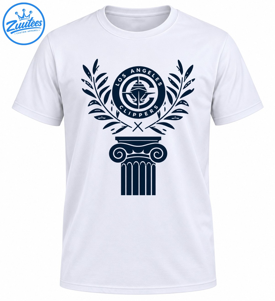 Navy Los Angeles Clippers circular emblem with laurel branches and an ornate classical column graphic. Navy Los Angeles Clippers circular emblem with laurel branches and an ornate classical column graphic.