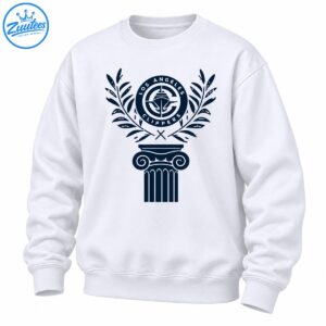 Navy Los Angeles Clippers circular emblem with laurel branches and an ornate classical column graphic.