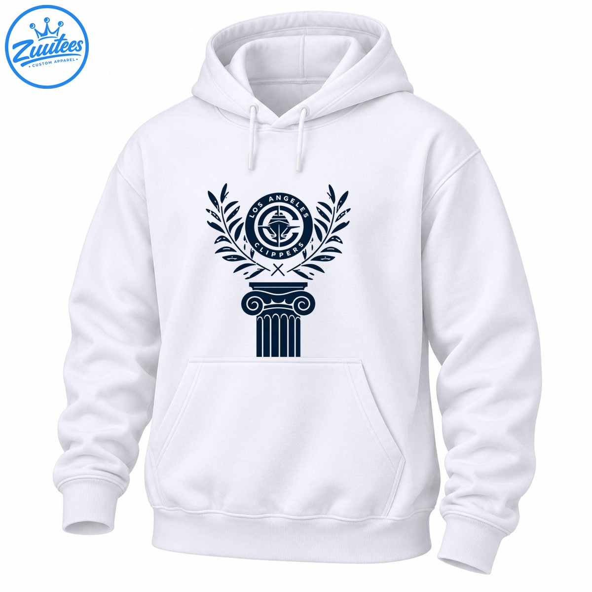Navy Los Angeles Clippers circular emblem with laurel branches and an ornate classical column graphic. Navy Los Angeles Clippers circular emblem with laurel branches and an ornate classical column graphic.
