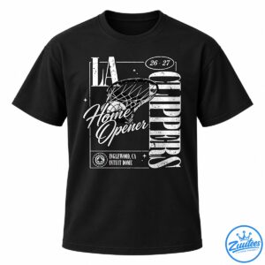 Black and white Clippers home opener shirt design with basketball net, distressed lettering, 26-27 dates, and Intuit Dome text