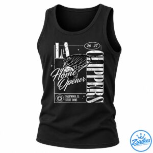 Black and white Clippers home opener shirt design with basketball net, distressed lettering, 26-27 dates, and Intuit Dome text