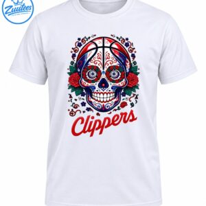 Sugar skull basketball design with red roses, navy blue details, green leaves, and red Clippers lettering