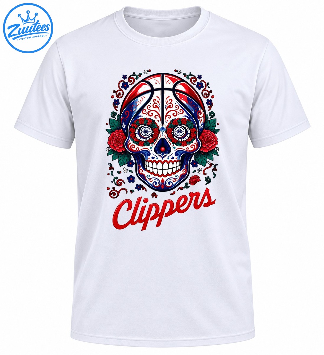 Sugar skull basketball design with red roses, navy blue details, green leaves, and red Clippers lettering Sugar skull basketball design with red roses, navy blue details, green leaves, and red Clippers lettering
