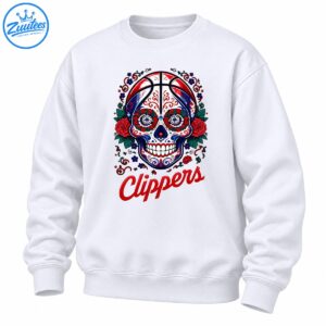 Sugar skull basketball design with red roses, navy blue details, green leaves, and red Clippers lettering