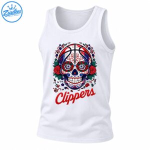 Sugar skull basketball design with red roses, navy blue details, green leaves, and red Clippers lettering