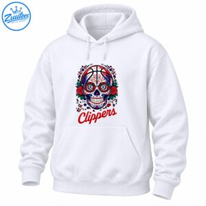 Sugar skull basketball design with red roses, navy blue details, green leaves, and red Clippers lettering