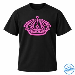 Vibrant pink illustrated crown with ornate black outlines, jewel-like circles, curved arches, and decorative floral details.