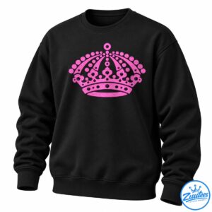 Vibrant pink illustrated crown with ornate black outlines, jewel-like circles, curved arches, and decorative floral details.