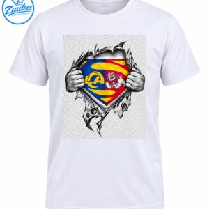 Los Angeles Rams shirt graphic with grayscale hands ripping torn material around a blue, gold, and red shield with LA lettering and a ram mascot