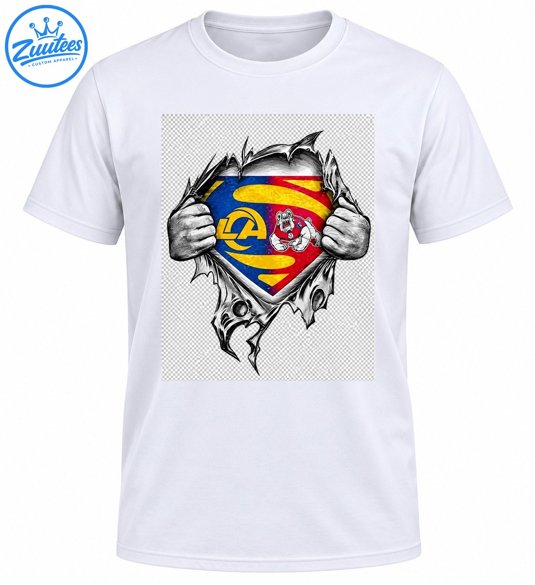 Los Angeles Rams shirt graphic with grayscale hands ripping torn material around a blue, gold, and red shield with LA lettering and a ram mascot Los Angeles Rams shirt graphic with grayscale hands ripping torn material around a blue, gold, and red shield with LA lettering and a ram mascot
