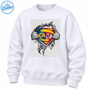 Los Angeles Rams shirt graphic with grayscale hands ripping torn material around a blue, gold, and red shield with LA lettering and a ram mascot