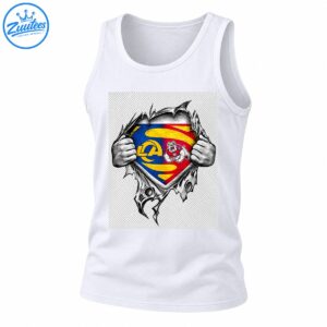 Los Angeles Rams shirt graphic with grayscale hands ripping torn material around a blue, gold, and red shield with LA lettering and a ram mascot