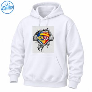 Los Angeles Rams shirt graphic with grayscale hands ripping torn material around a blue, gold, and red shield with LA lettering and a ram mascot