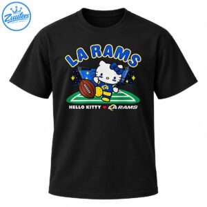 Hello Kitty in a blue and gold football uniform with a brown football, stadium lights, green field, and LA Rams lettering