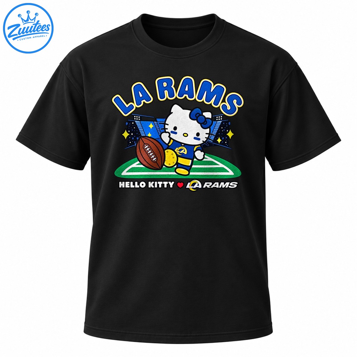 Hello Kitty in a blue and gold football uniform with a brown football, stadium lights, green field, and LA Rams lettering Hello Kitty in a blue and gold football uniform with a brown football, stadium lights, green field, and LA Rams lettering