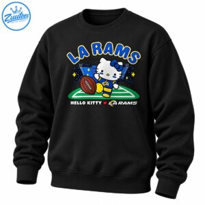 Hello Kitty in a blue and gold football uniform with a brown football, stadium lights, green field, and LA Rams lettering