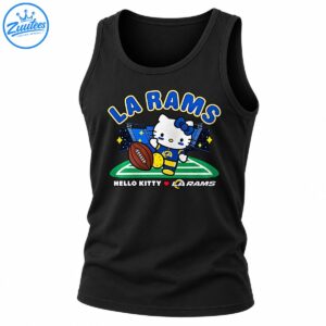Hello Kitty in a blue and gold football uniform with a brown football, stadium lights, green field, and LA Rams lettering