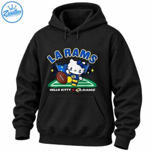 Hello Kitty in a blue and gold football uniform with a brown football, stadium lights, green field, and LA Rams lettering