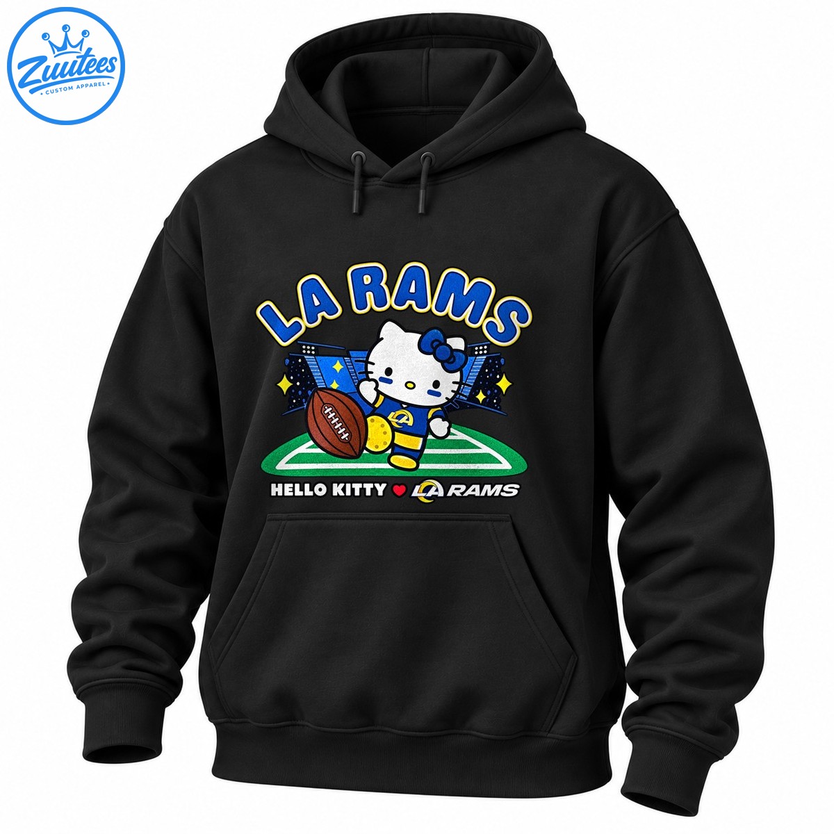 Hello Kitty in a blue and gold football uniform with a brown football, stadium lights, green field, and LA Rams lettering Hello Kitty in a blue and gold football uniform with a brown football, stadium lights, green field, and LA Rams lettering