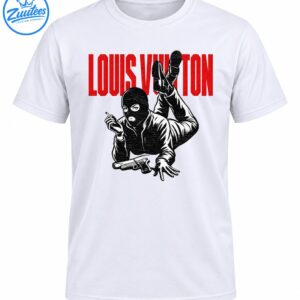 Masked figure lying forward with raised legs, cigarette, handgun, and distressed red LOUIS VUITTON lettering