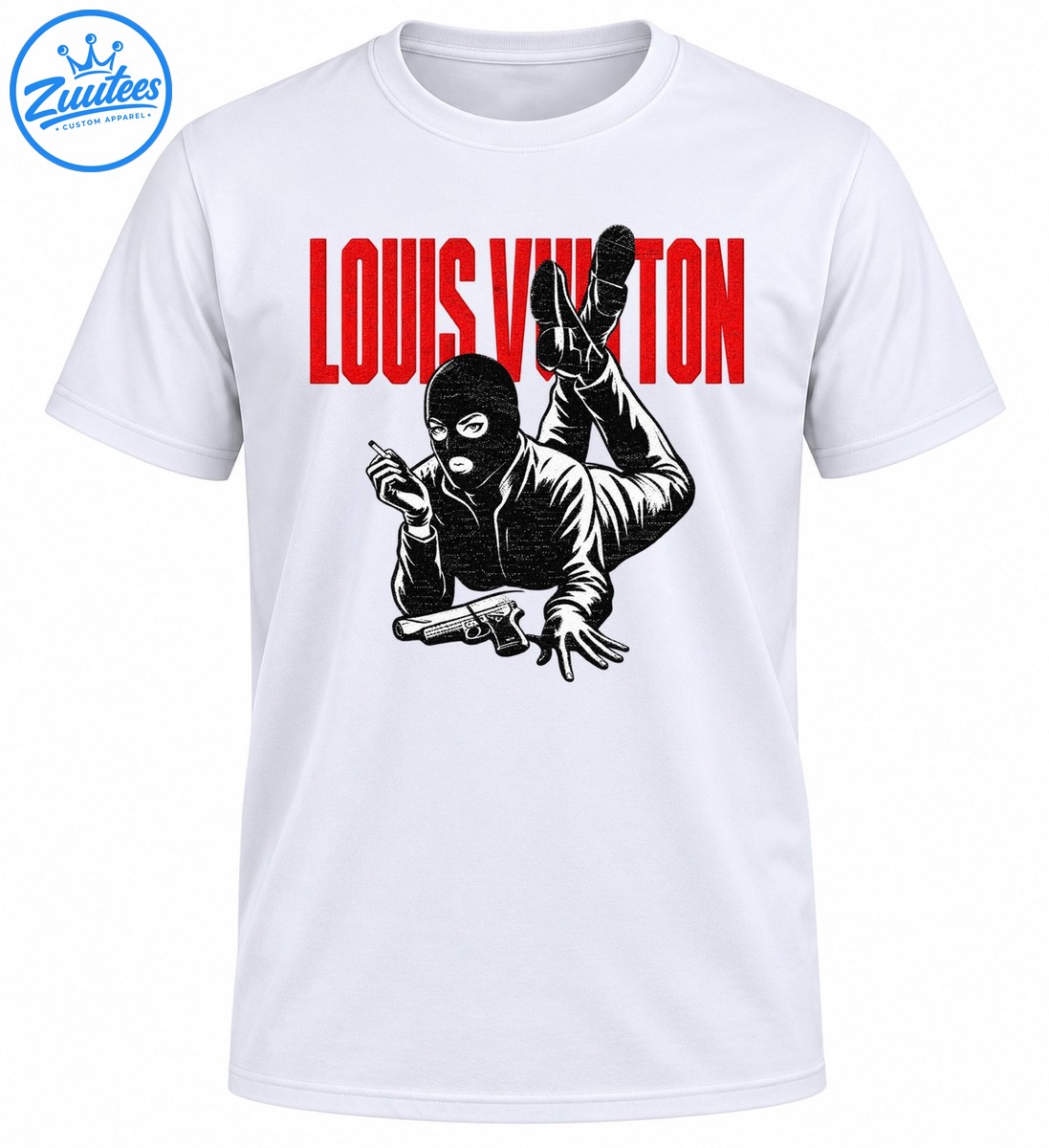 Masked figure lying forward with raised legs, cigarette, handgun, and distressed red LOUIS VUITTON lettering Masked figure lying forward with raised legs, cigarette, handgun, and distressed red LOUIS VUITTON lettering