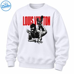 Masked figure lying forward with raised legs, cigarette, handgun, and distressed red LOUIS VUITTON lettering