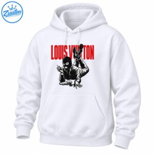 Masked figure lying forward with raised legs, cigarette, handgun, and distressed red LOUIS VUITTON lettering