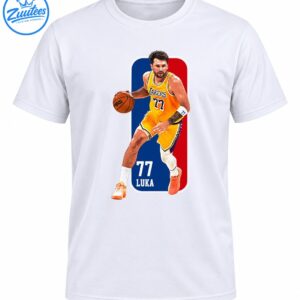 Luka Doncic wearing a gold number 77 jersey while dribbling, with a blue and red panel reading 77 LUKA.