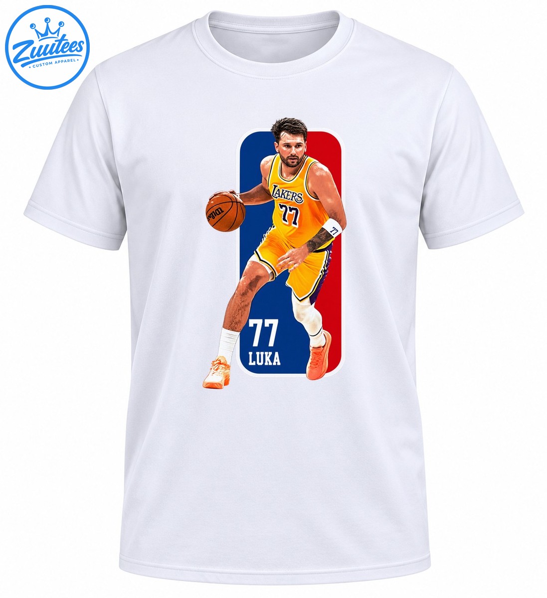 Luka Doncic wearing a gold number 77 jersey while dribbling, with a blue and red panel reading 77 LUKA. Luka Doncic wearing a gold number 77 jersey while dribbling, with a blue and red panel reading 77 LUKA.