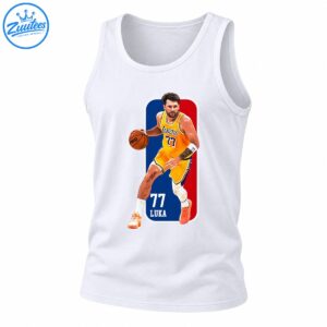 Luka Doncic wearing a gold number 77 jersey while dribbling, with a blue and red panel reading 77 LUKA.