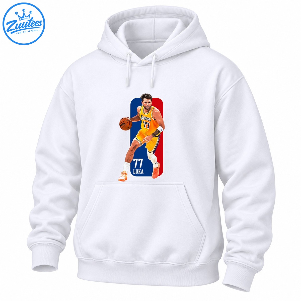 Luka Doncic wearing a gold number 77 jersey while dribbling, with a blue and red panel reading 77 LUKA. Luka Doncic wearing a gold number 77 jersey while dribbling, with a blue and red panel reading 77 LUKA.