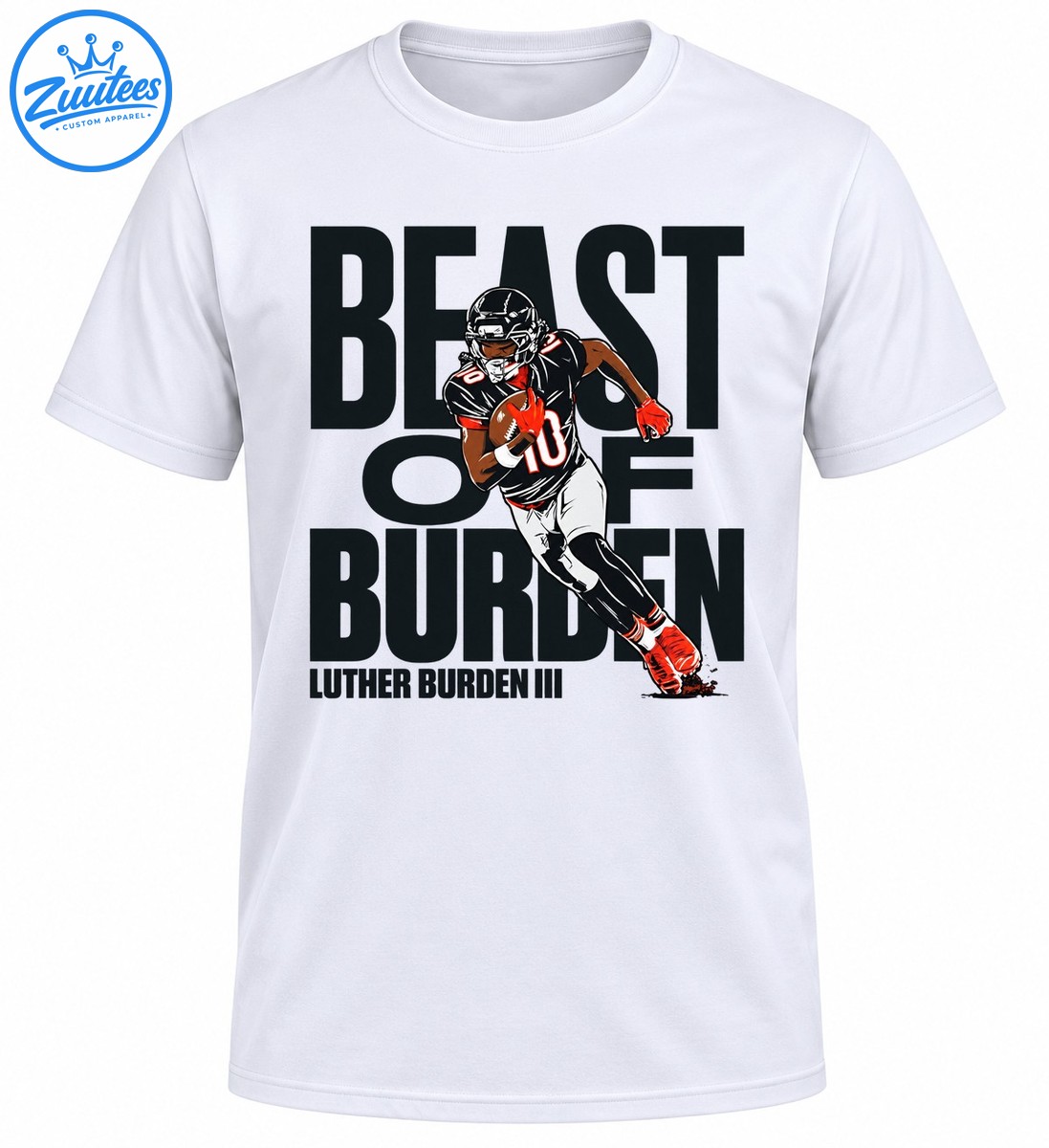 Luther Burden III football graphic with number 10, red gloves, black lettering, and Beast of Burden text Luther Burden III football graphic with number 10, red gloves, black lettering, and Beast of Burden text