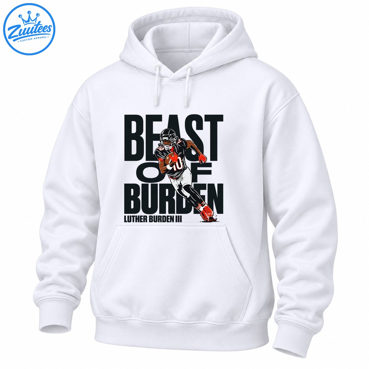 Luther Burden III football graphic with number 10, red gloves, black lettering, and Beast of Burden text Luther Burden III football graphic with number 10, red gloves, black lettering, and Beast of Burden text