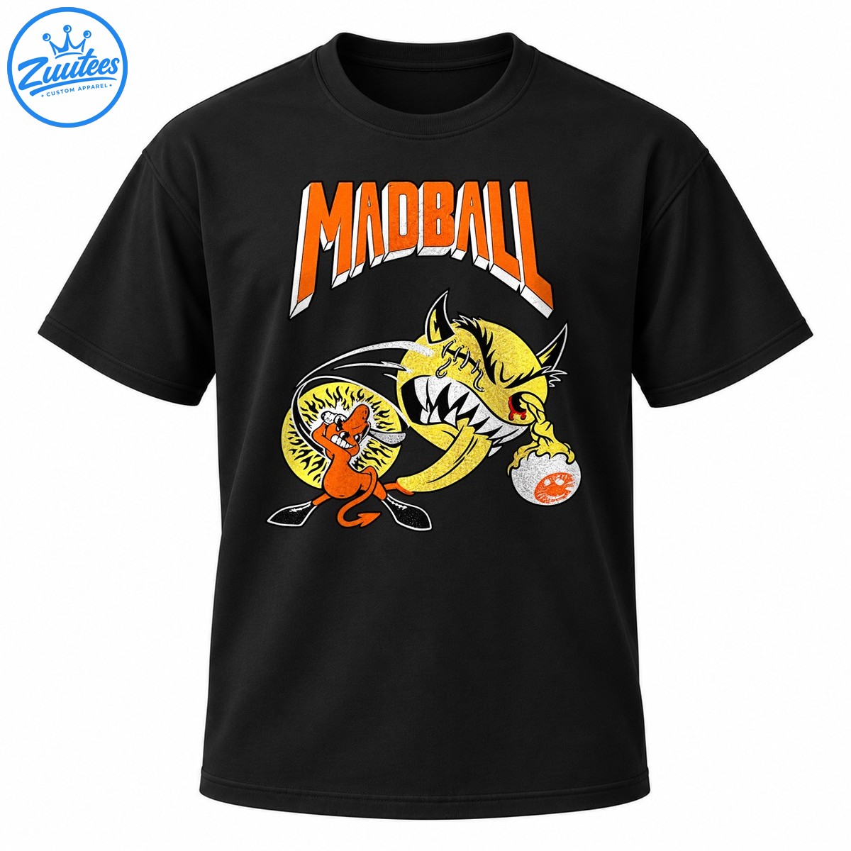Madball mascot artwork with orange arched lettering, a snarling yellow horned monster, and an orange devil character Madball mascot artwork with orange arched lettering, a snarling yellow horned monster, and an orange devil character