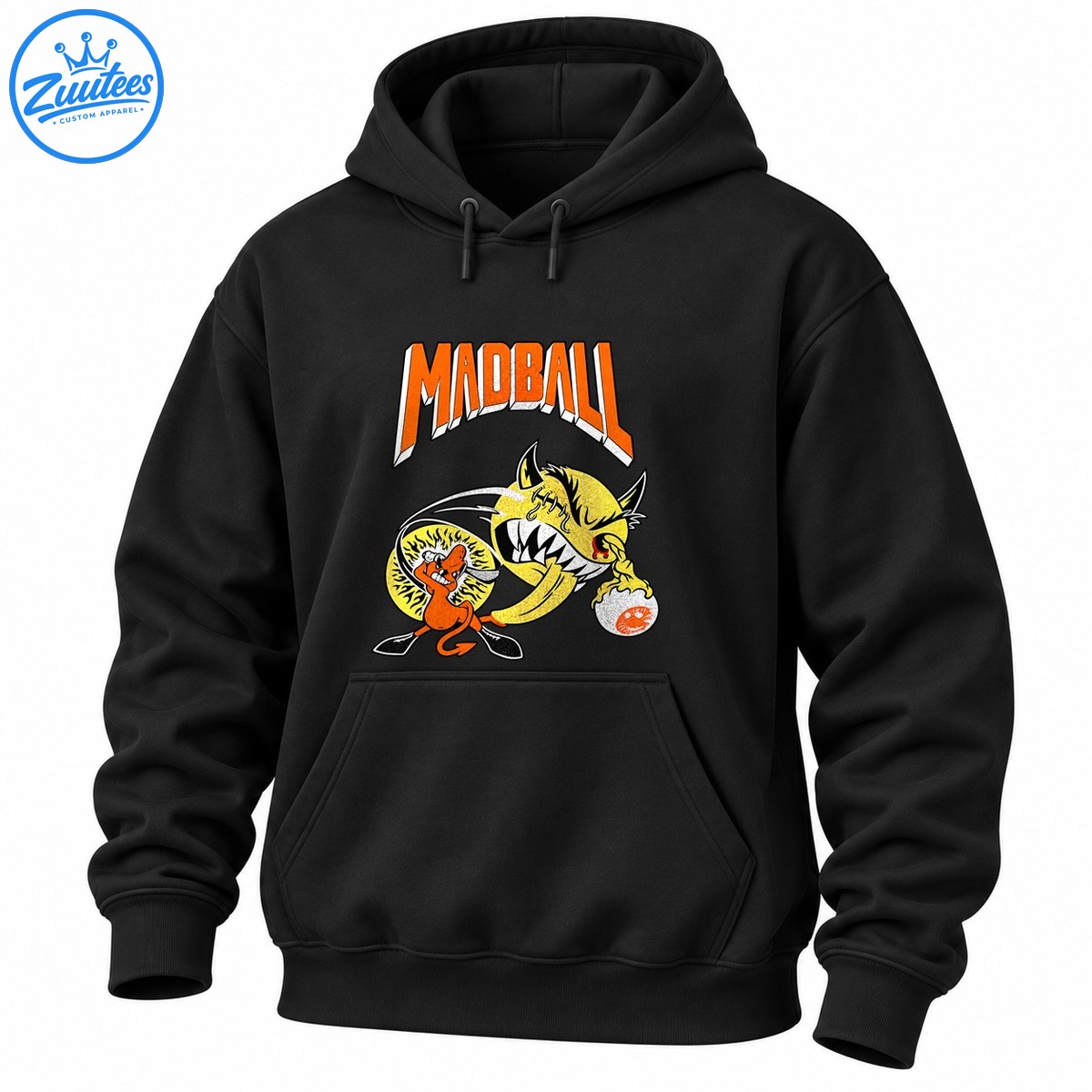 Madball mascot artwork with orange arched lettering, a snarling yellow horned monster, and an orange devil character Madball mascot artwork with orange arched lettering, a snarling yellow horned monster, and an orange devil character
