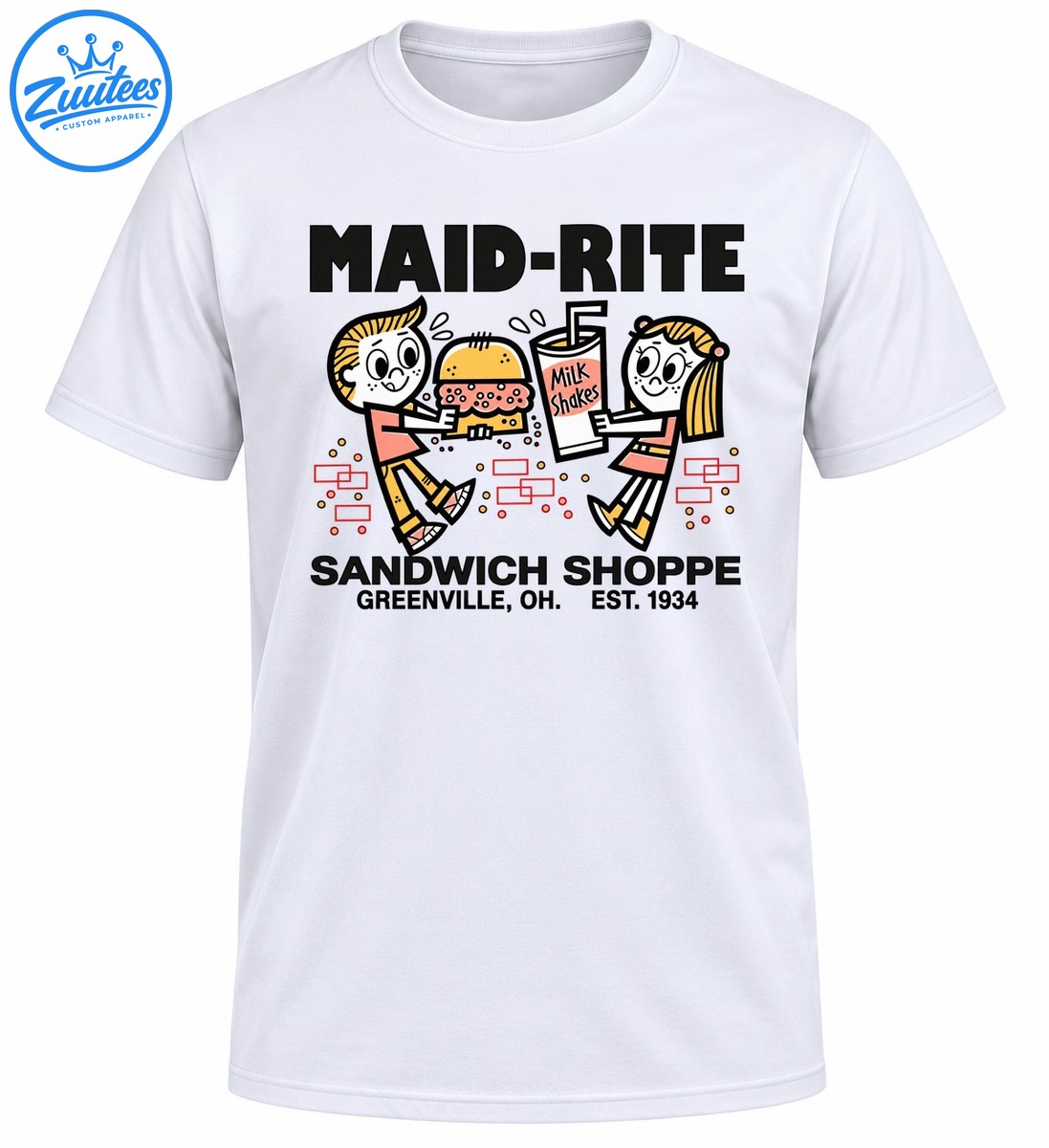 Maid Rite Sandwich Shoppe Greenville OH Est 1934 retro cartoon sandwich and milkshake graphic Maid-Rite Sandwich Shoppe Greenville OH Est 1934 retro cartoon sandwich and milkshake graphic