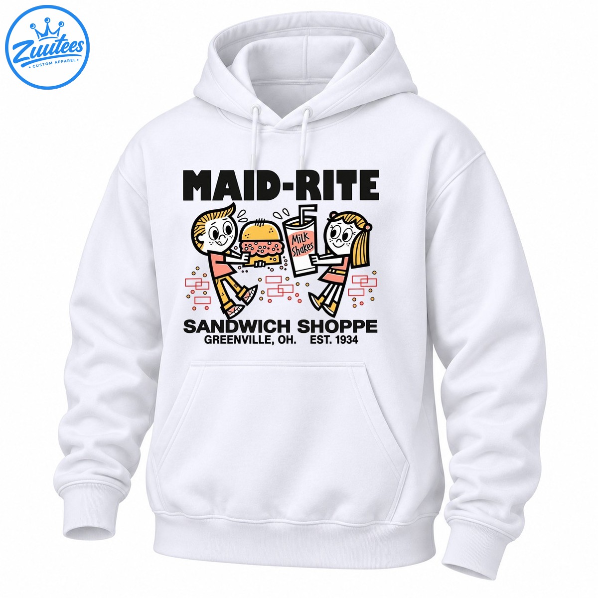 Maid Rite Sandwich Shoppe Greenville OH Est 1934 retro cartoon sandwich and milkshake graphic Maid-Rite Sandwich Shoppe Greenville OH Est 1934 retro cartoon sandwich and milkshake graphic
