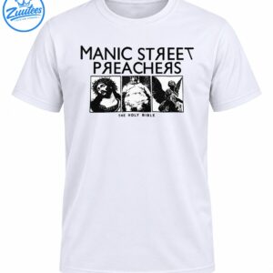 Black and white Manic Street Preachers The Holy Bible graphic with bold lettering and three distressed religious imagery panels