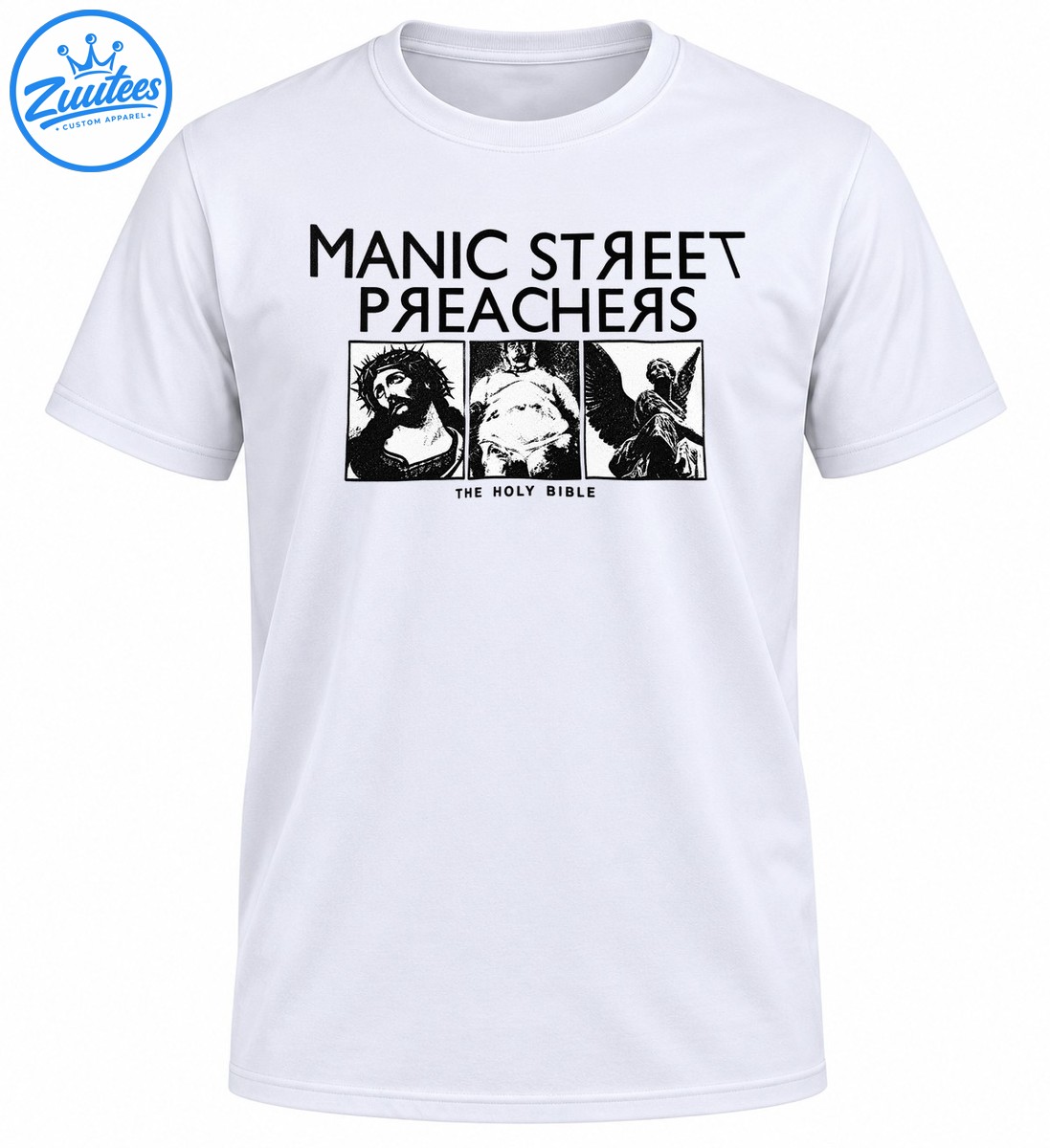 Black and white Manic Street Preachers The Holy Bible graphic with bold lettering and three distressed religious imagery panels Black and white Manic Street Preachers The Holy Bible graphic with bold lettering and three distressed religious imagery panels