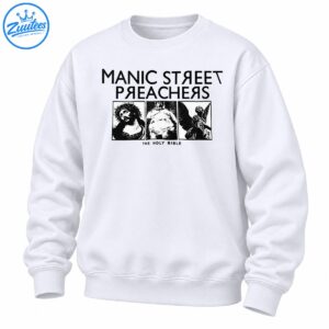 Black and white Manic Street Preachers The Holy Bible graphic with bold lettering and three distressed religious imagery panels