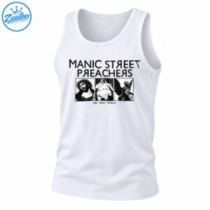 Black and white Manic Street Preachers The Holy Bible graphic with bold lettering and three distressed religious imagery panels