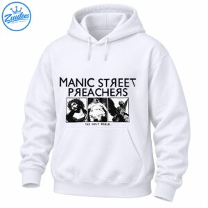 Black and white Manic Street Preachers The Holy Bible graphic with bold lettering and three distressed religious imagery panels